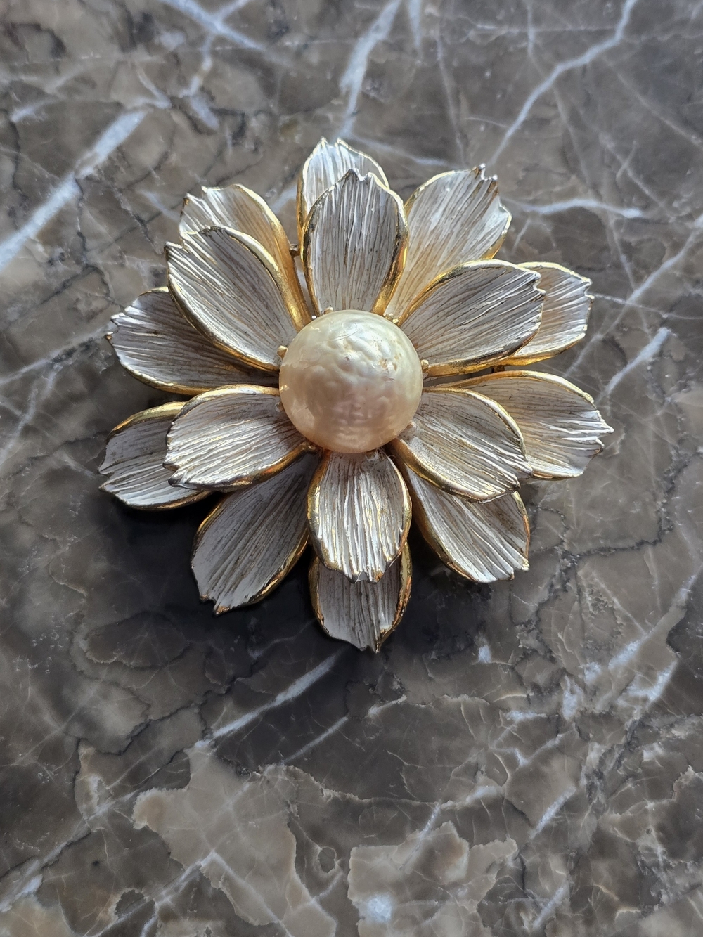 Vintage CORO Pegasus Goldtone White Enamel Pearl Double Petal Flower Brooch Pin